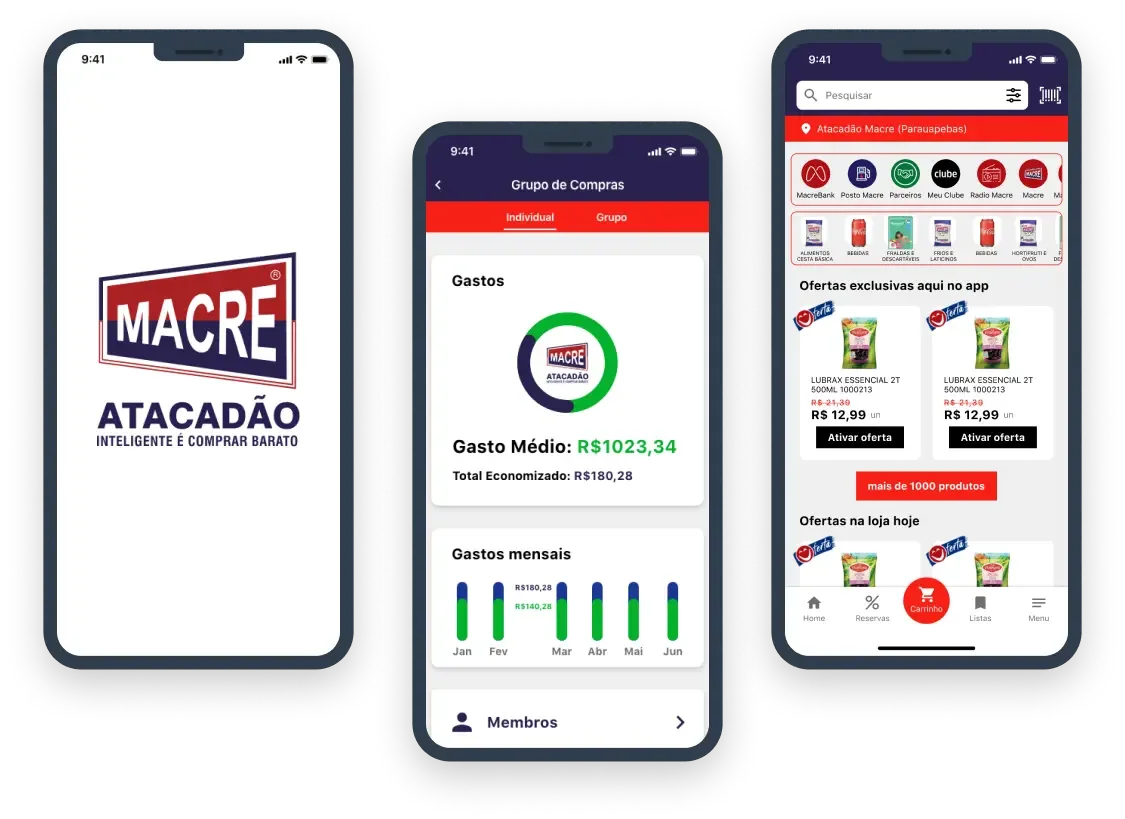 Telas do aplicativo do Atacadão Macre