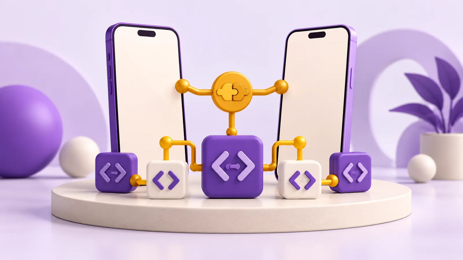 Blocos de código e conectores ligam dois aplicativos para representar a escolha de linguagens mobile.