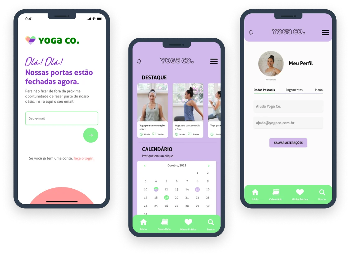 Telas do projeto Yoga Co.